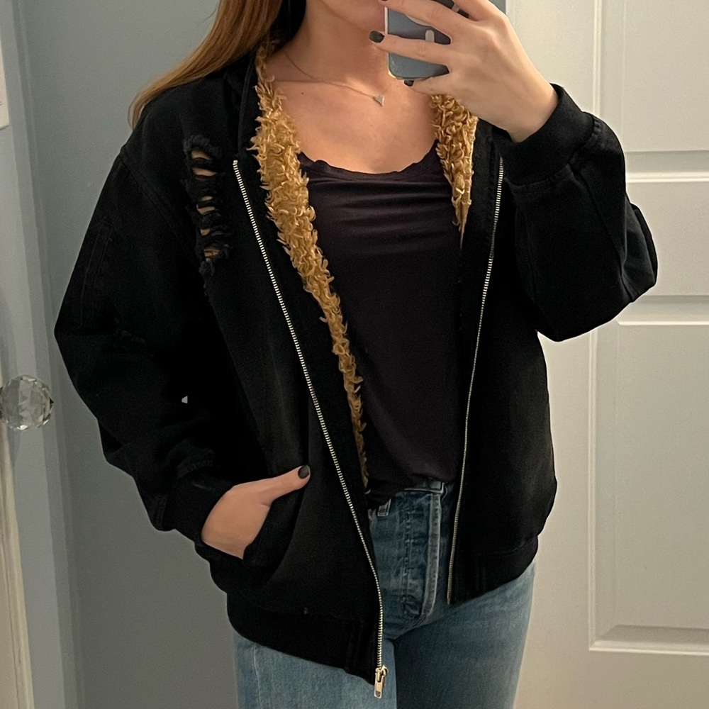 UNIQ Black Denim Bomber Jacket w/ Brown Fur